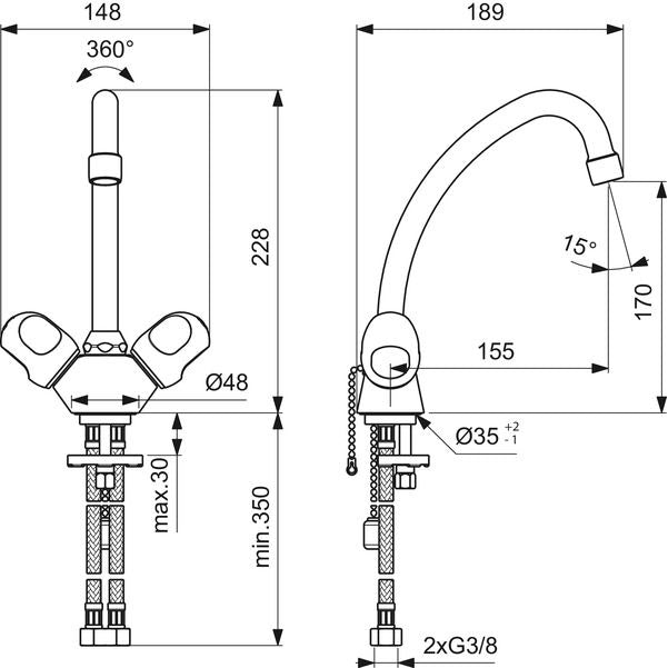 Ideal Standard - 2-Griff Waschtischarmatur ALPHA B2037A 155mm m. versenkb. Kette chrom