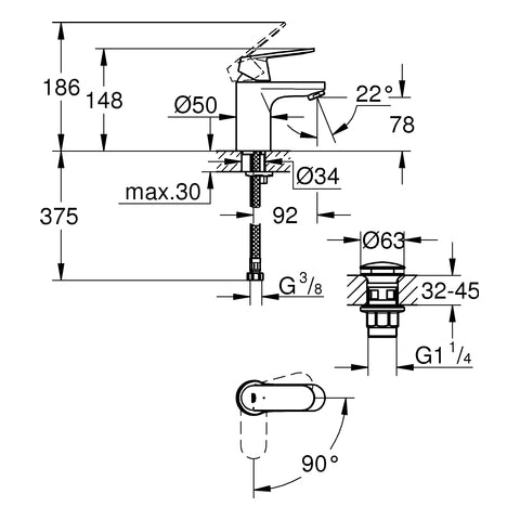 Grohe - EH-WT-Batterie EUROSMART C 23927 S-Size MST kalt Push-open Abl.grt. chrom