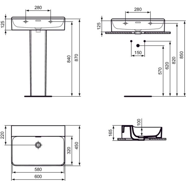 Ideal Standard - Waschtisch CONCA, o.Hl., m.Ül., 600x450x165mm, Weiß mit IdealPlus