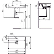 Ideal Standard - Waschtisch STRADA II, 1 Hl., m.Ül., geschliffen, 600x430x170mm, Weiß m. IP