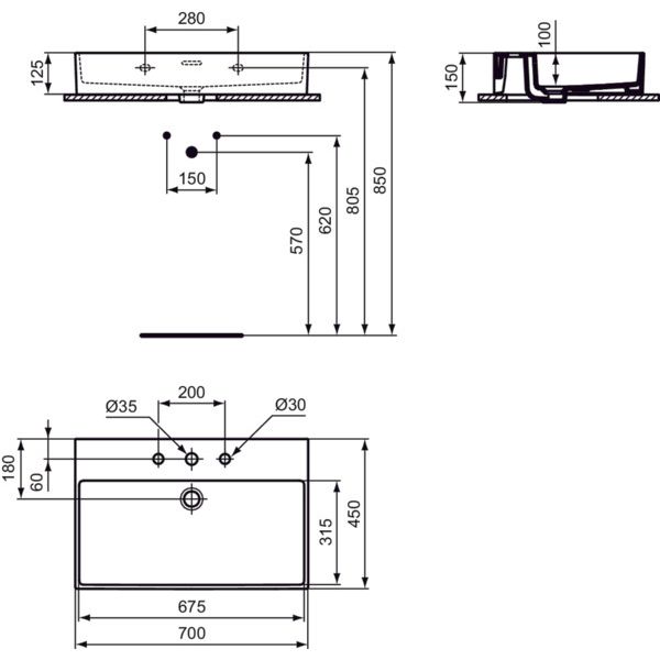 Ideal Standard - Waschtisch EXTRA, 3 Hl., m.Ül., 700x450x150mm, geschliffen, Weiß