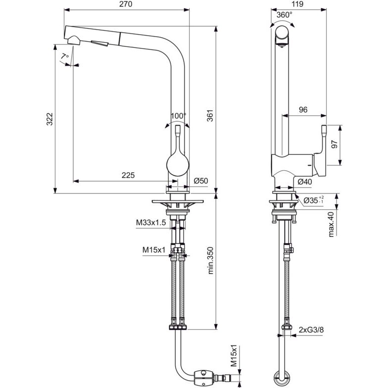 Ideal Standard - Küchenarm. CERALOOK, m.herausz.HB, m.hohem Auslauf, Ausld.225mm, Edst