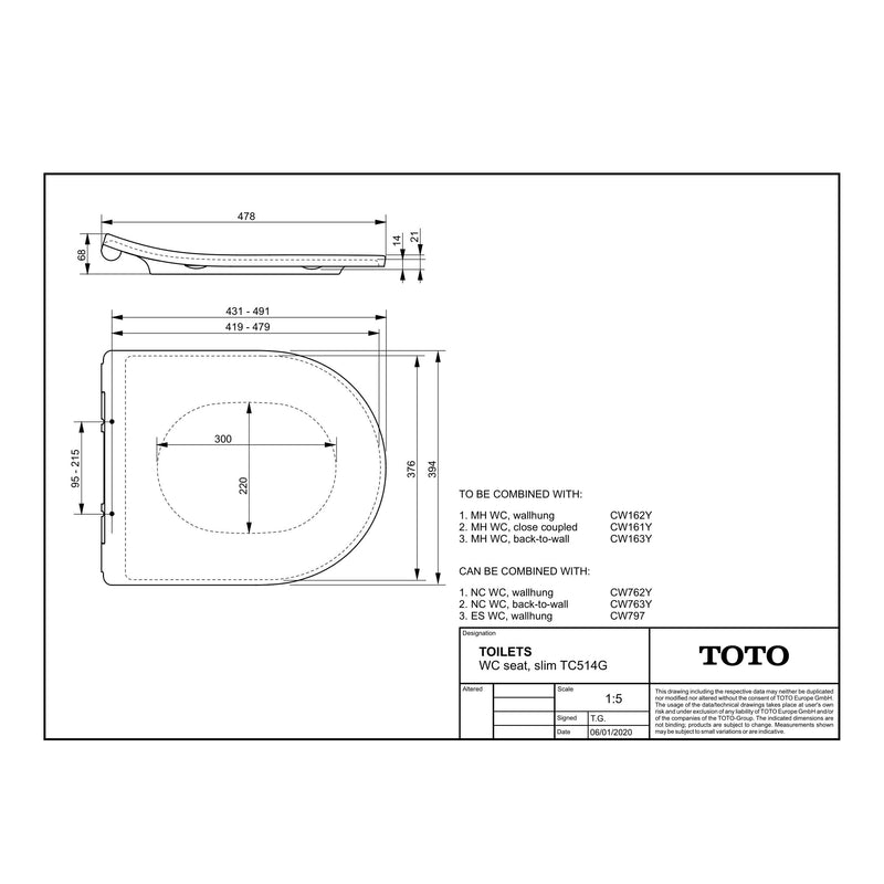 TOTO - Hamberger WC-Sitz TC514G mit Absenkautomatik weiß, Edelstahlscharniere, extra flach