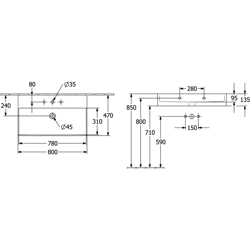 VILLEROY & BOCH - Waschbecken Memento 2.0 800x470mm re-eckig 1HL. o. ÜL. Graphite cplus
