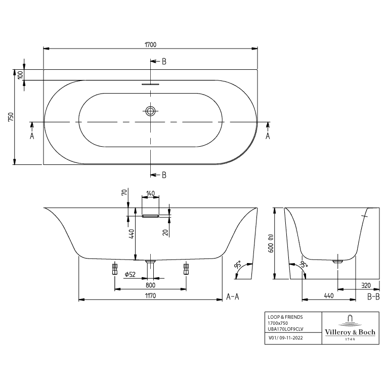 VILLEROY & BOCH - Vorwand-BW Loop&Friends OVAL 1700x750x600mm OVAL li Ausf. CoD weAlpin