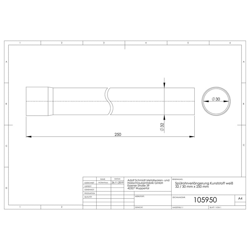 Adolf Schmidt - Spülrohrverlängerung PVC 32/30 250mm