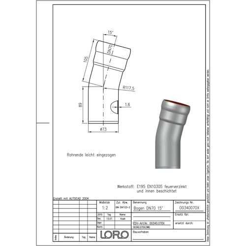 Lorowerk - Bogen 00340. DN 70 15 Grad