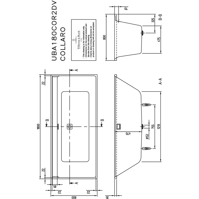 VILLEROY & BOCH - Badewanne Collaro 1800x800x620mm re-eckig m. System AE TP2 Stone White