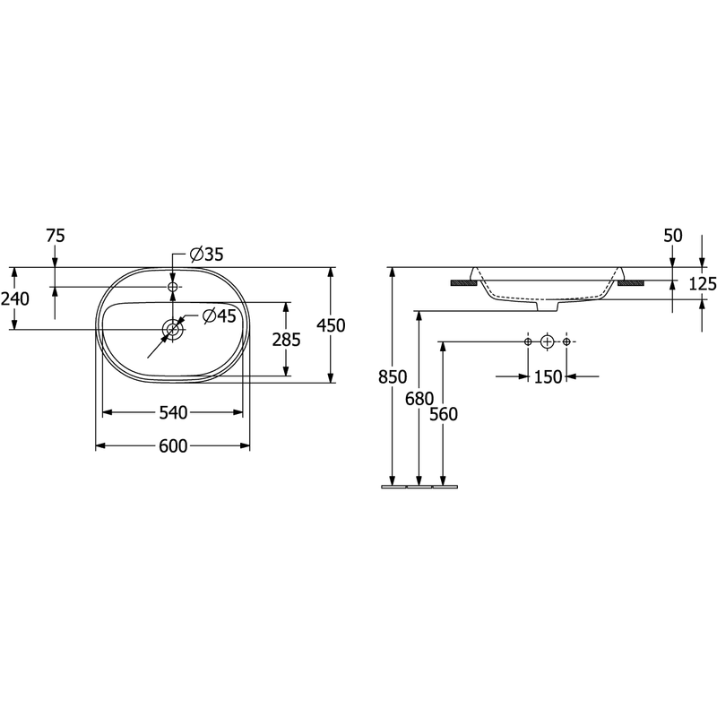 VILLEROY & BOCH - Einbauwaschbecken Architectura 600x 450mm ov 1HL. m. ÜL. Weiß Alpin cplus