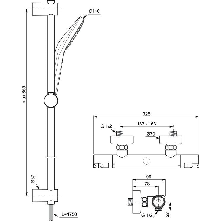 Ideal Standard - Brausetherm.AP CERATHERM50,Ausld78mm, m.Brausegarnitur, Br.Stg.90mm, Chrom