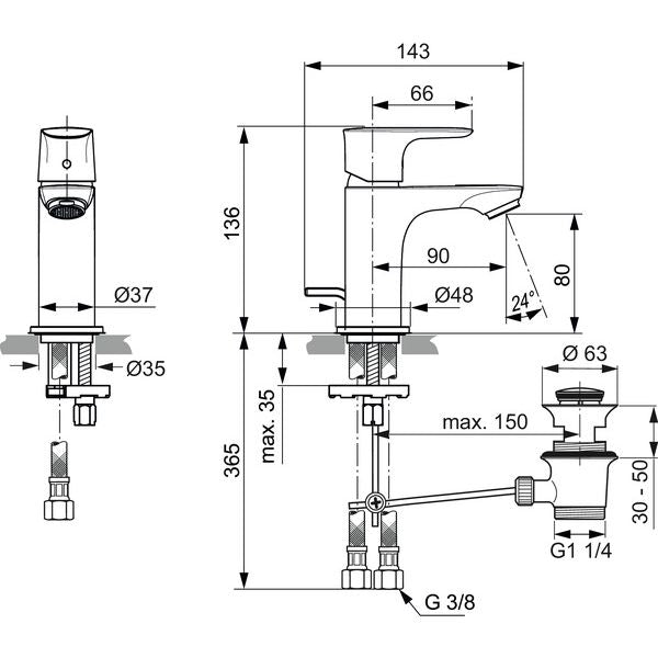 Ideal Standard - WT-Arm. CONNECT AIR, Piccolo,5l/min., m.Ablgarn., Ausld.90mm, Blizzard silver