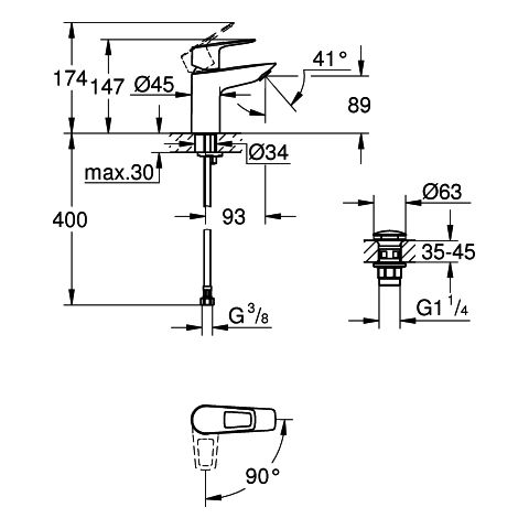 Grohe - EH-WT-Batterie BAULOOP 23883_1 S-Size MST kalt PushOpen Ablgrt. chrom