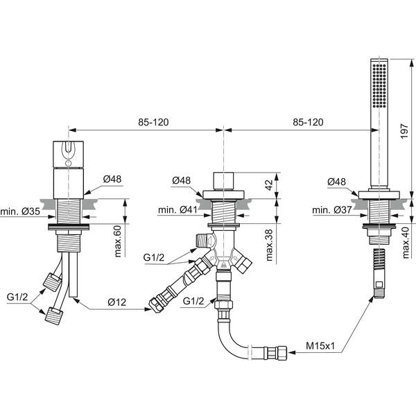 Ideal Standard - 3-Loch Wannenrandarm. JOY, o.Auslauf, m.Stab-HB u.Umsteller, Chrom
