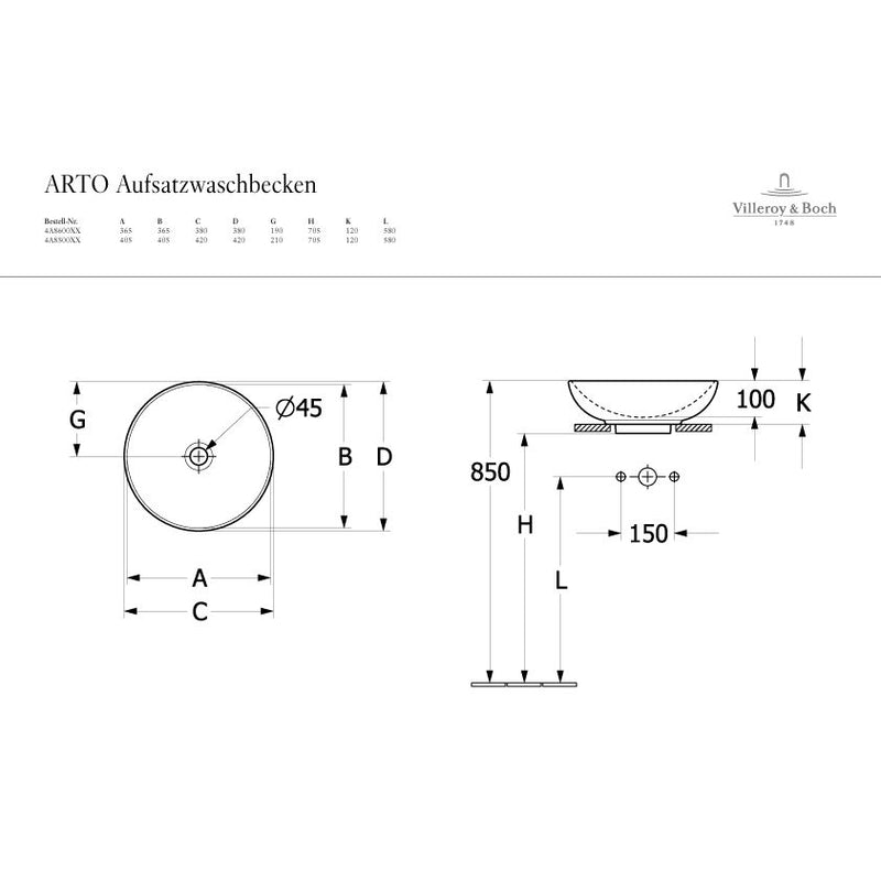 VILLEROY & BOCH - Aufsatzwaschbecken rund 420mm ohne Hahnloch/Überlauf CeramicPlus Pure Black