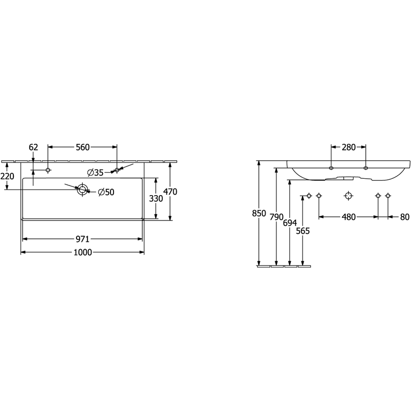 VILLEROY & BOCH - SWT AVENTO 4156 1000x470mm zwei 1-L Arm HL durchg Überl Eckig WeißAlpin C