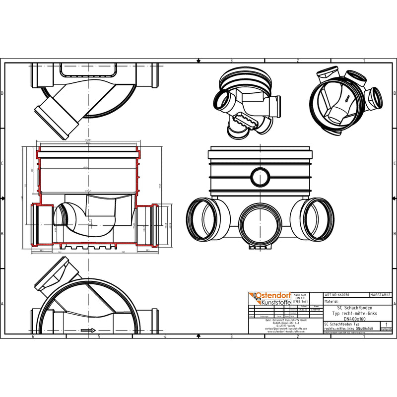 Gebr. Ostendorf - Schachtboden Kunststoff Typ RML DN400/150 KG, Anschl. rechts/mitte/links