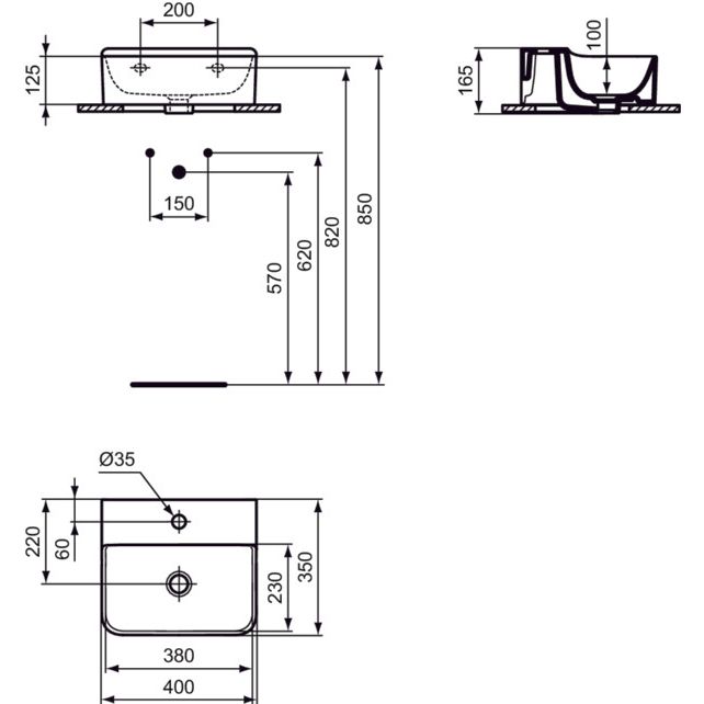 Ideal Standard - Handwaschbecken CONCA, 1 Hl., o.Ül., 400x350x145mm, Weiß