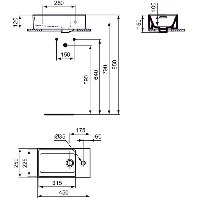 Ideal Standard - Handwaschbecken EXTRA, 1 Hl., m.Ül., Ablg.re.,450x250x150mm,geschli.,Weiß IP
