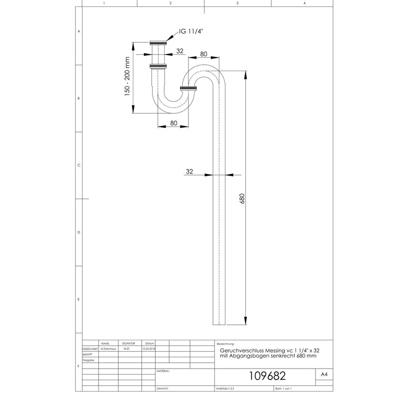 Adolf Schmidt - Geruchverschluss Messing vc 11/4x32 mit Abgangsbogen senkr. 680mm