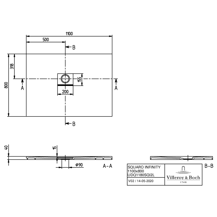 VILLEROY & BOCH - Duschwanne Squaro Infinity 1100x800x40mm re-eckig EB:li Grey