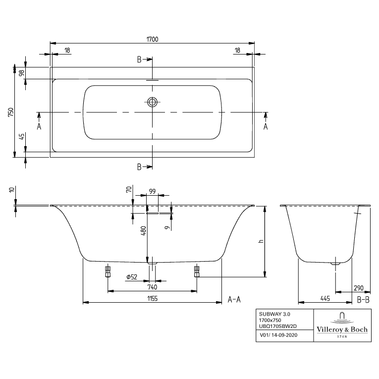 VILLEROY & BOCH - Badewanne Subway 3.0 1700x750x625mm re-eckig m. System HE TP2 Stone White