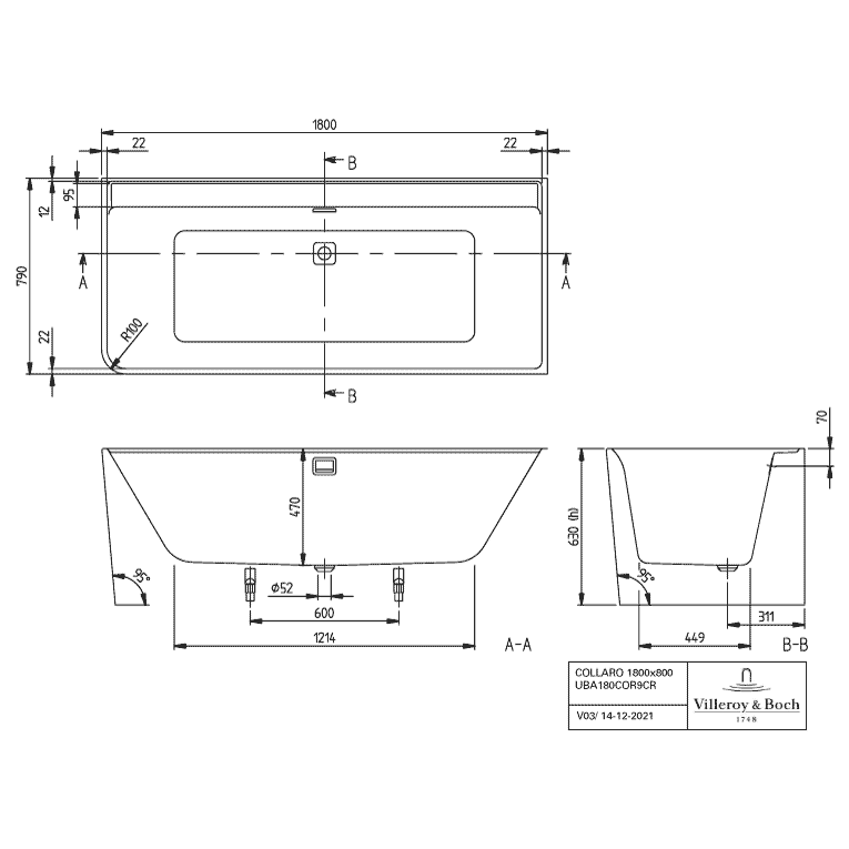 VILLEROY & BOCH - Vorwand-BW Collaro VD 1800x800x620mm rechte Ausführung CoD we Alpin