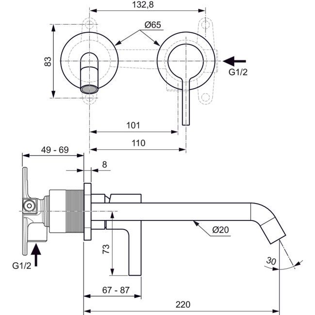 Ideal Standard - Wand-Waschtischarmatur JOY, BS2, runde Rosette, Ausld.225mm, Silver Storm