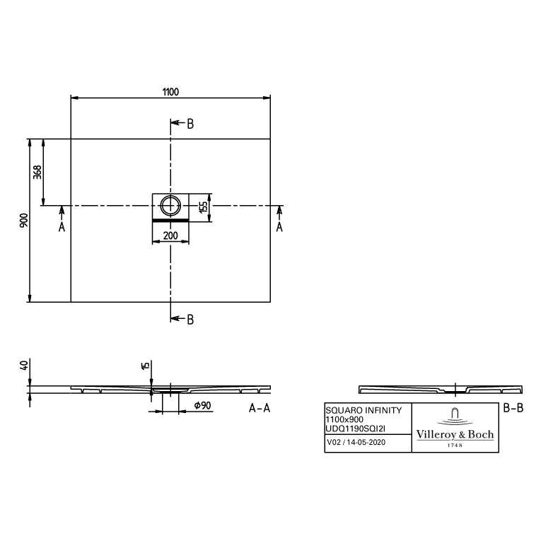 VILLEROY & BOCH - Duschwanne Squaro Infinity 1100x900x40mm re-eckig Anthracite