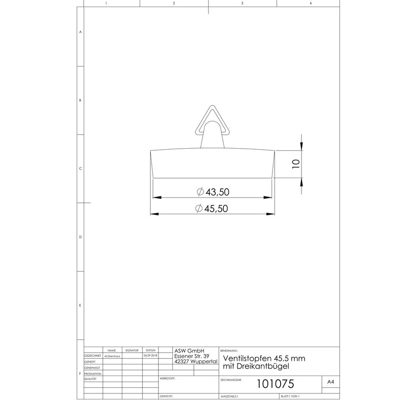Adolf Schmidt - Ventilstopfen 45,5mm mit Dreikantbügel