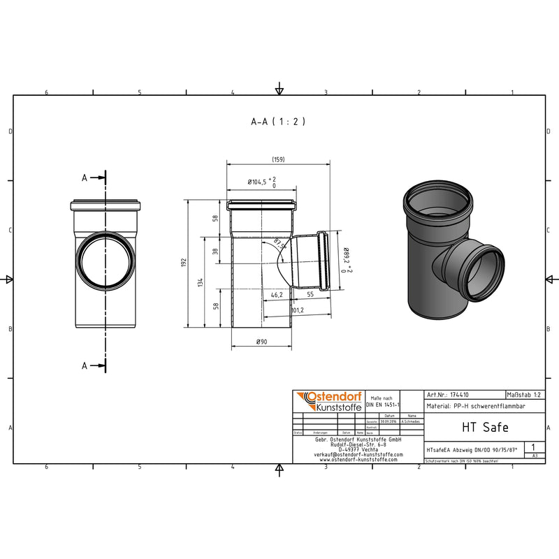 Gebr. Ostendorf - HTsafeEA Abzweig DN 90x75 87 Grad