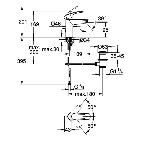 Grohe - EH-WT-Batterie EUROSMART 23456_3 S-Size Hybrid-Zugst.-Ablaufgrt. chrom