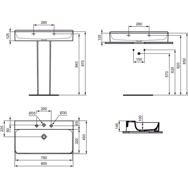 Ideal Standard - Waschtisch CONCA, 3 Hl., o.Ül., 800x450x145mm, Weiß mit IdealPlus