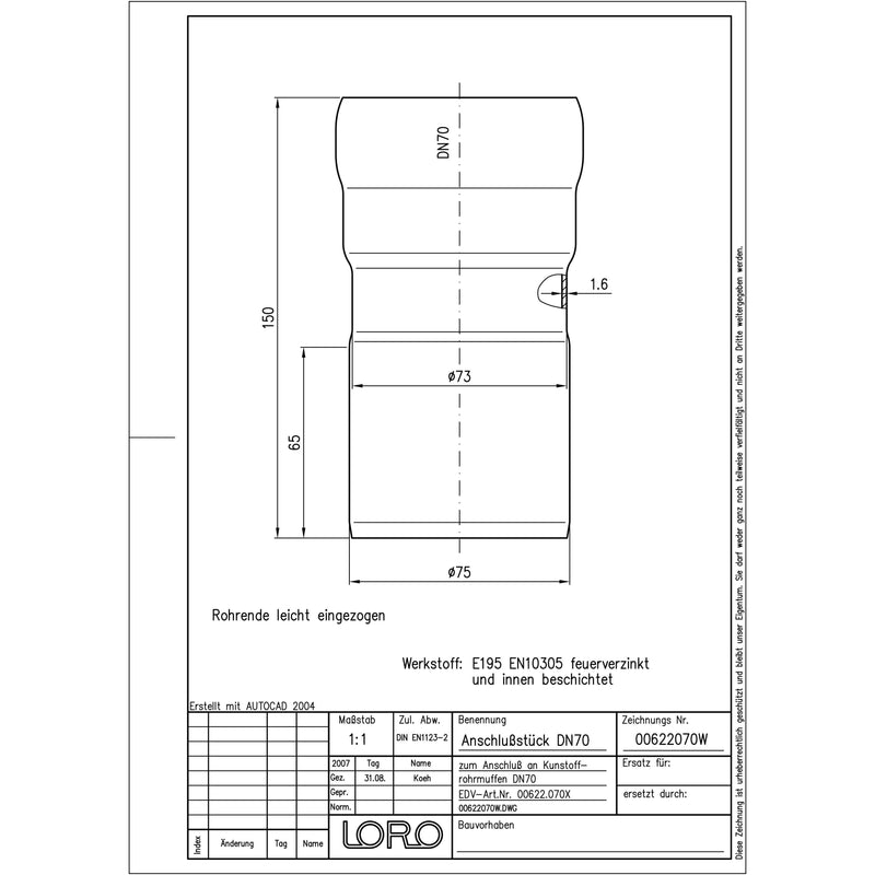 Lorowerk - Anschlussstück 00622. DN 70 von LORO-X auf HT Muffe