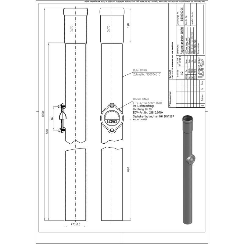 Lorowerk - Regenstandrohr 55103. DN 70 mit geschlitztem Deckel 1000mm