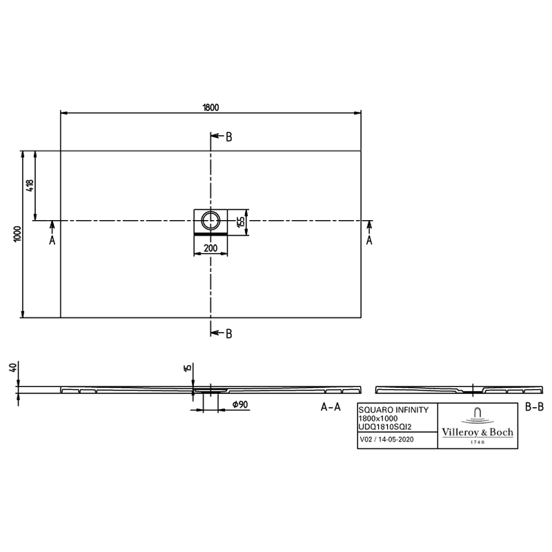 VILLEROY & BOCH - Duschwanne Squaro Infinity M 1800x1000x40mm re-eckig Anthracite