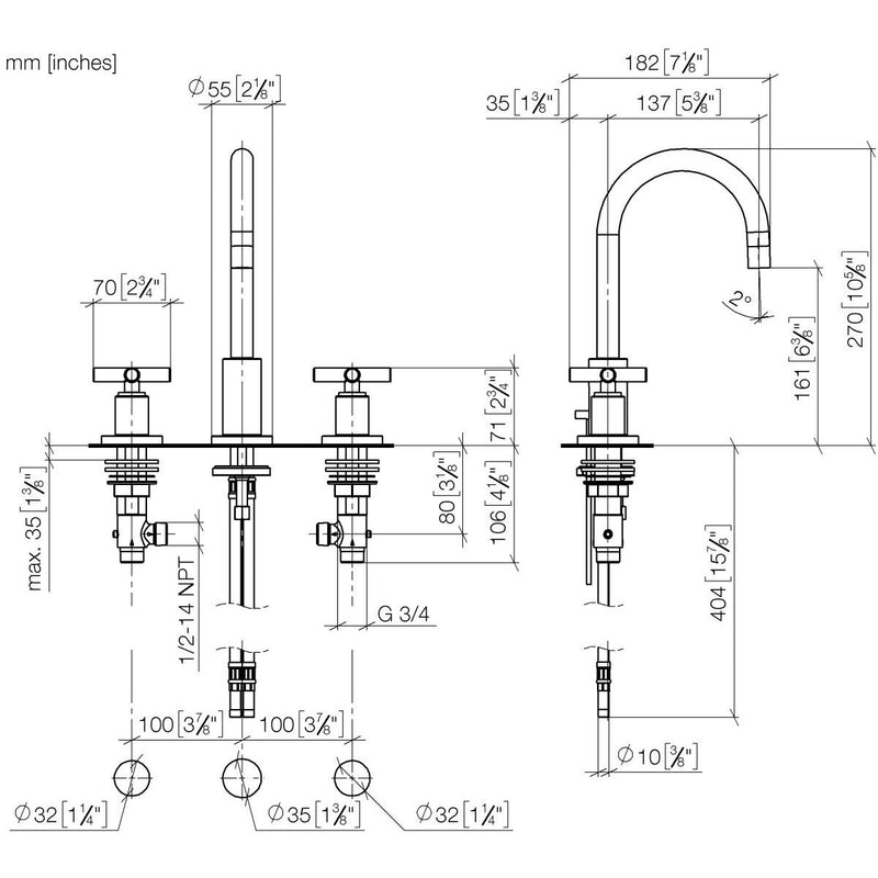 Dornbracht - Waschtisch 3-Locharmatur TARA 20710892 Kreuzgriff platin