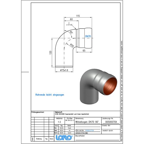 Lorowerk - Winkelbogen 00500. DN 70 mit Normalmuffe