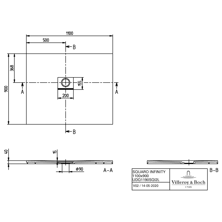 VILLEROY & BOCH - Duschwanne Squaro Infinity 1100x900x40mm re-eckig EB:li Anthracite