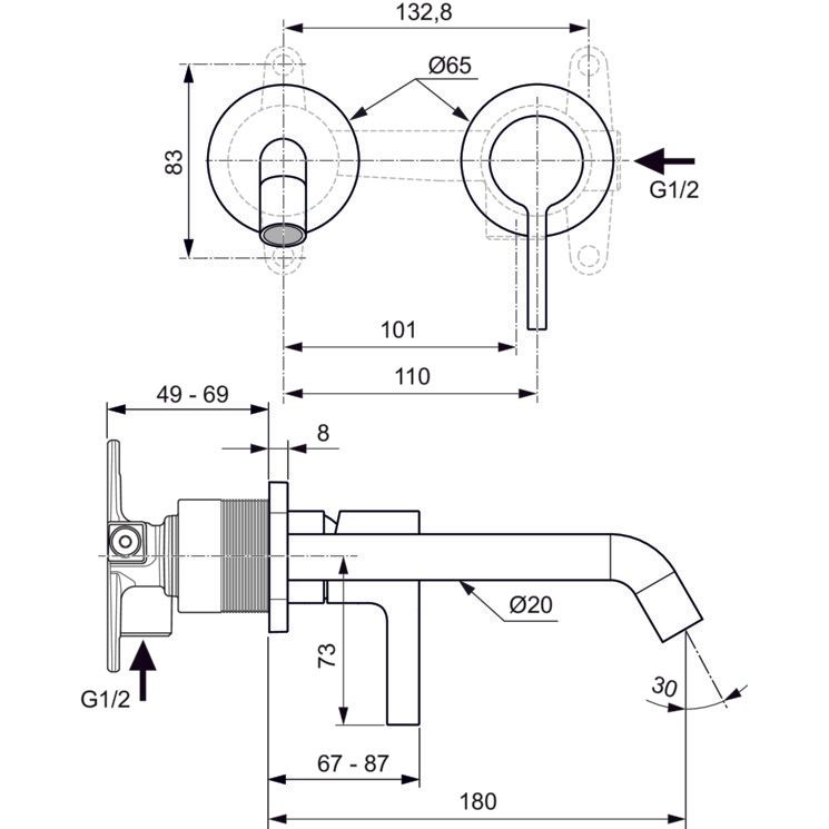 Ideal Standard - Wand-Waschtischarmatur JOY, BS2, runde Rosette, Ausld.180mm, Silver Storm