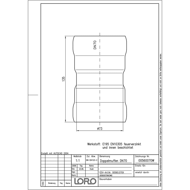 Lorowerk - LORO-X-Doppelmuffe 00560. DN 70