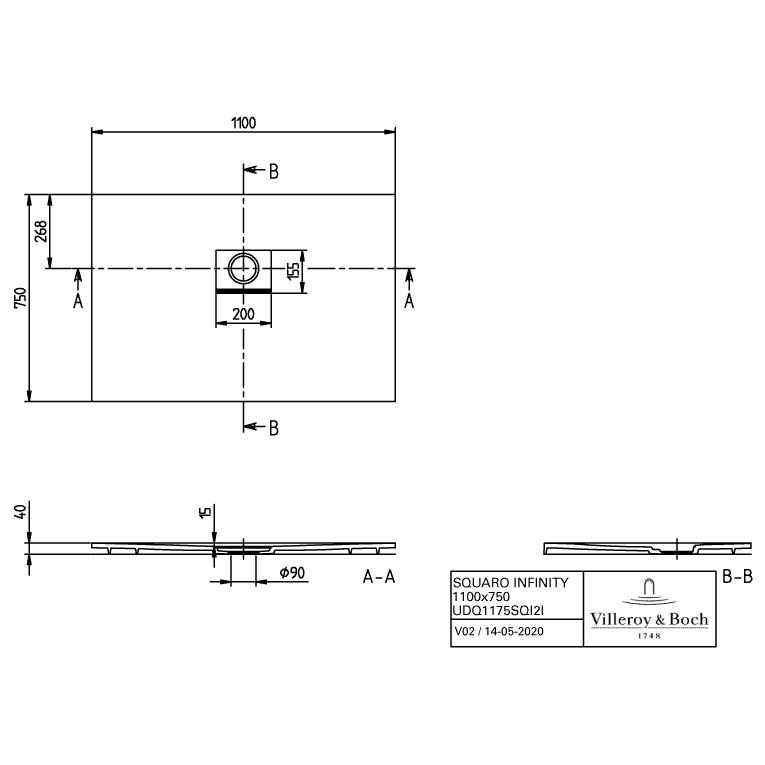 VILLEROY & BOCH - Duschwanne Squaro Infinity 1100x750x40mm re-eckig Anthracite