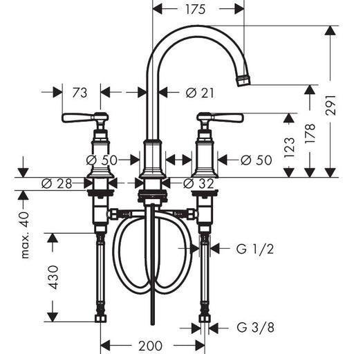Hansgrohe - 3-Loch Waschtischarmatur 180 AXOR Montreux Standmodell Hebelgriff chrom