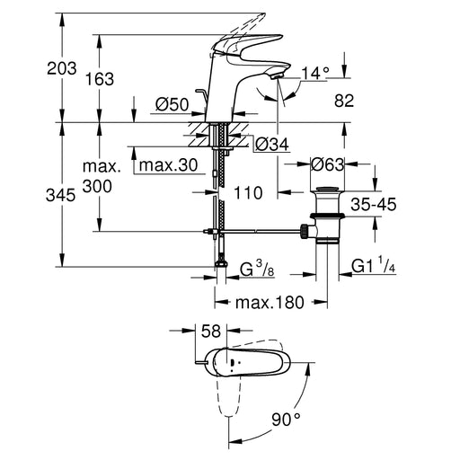 Grohe - EH-WT-Batt. EUROSTYLE 23709 S-Size Mittelstellung kalt Hebel geschl. chrom