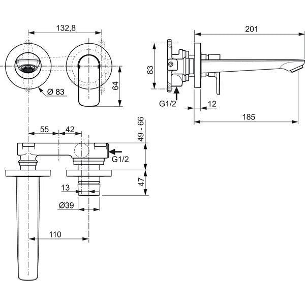Ideal Standard - Wand-WT-Armatur UP CONNECT AIR Bausatz 2, 5 l/min., Ausld. 185mm, Chrom