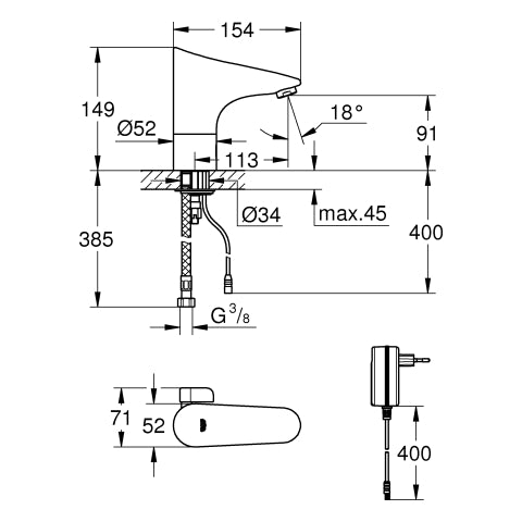 Grohe - IR-WT Elektronik EUROPLUS E 36015 mit Mischung und Steckertrafo chrom