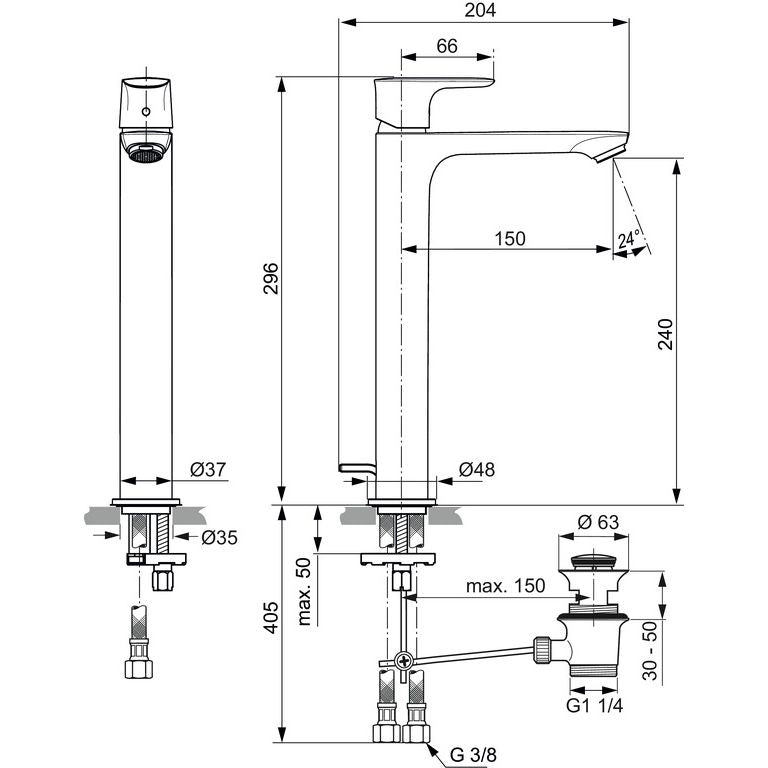 Ideal Standard - WT-Armatur CONNECT AIR,m.verl.Sockel, m.Ablgarn., Ausld.150mm, Magnetic grey