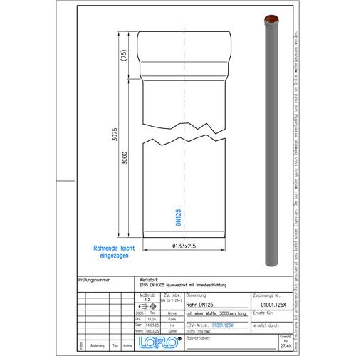 Lorowerk - Rohr 01001.X DN 125x3000mm mit 1 Muffe