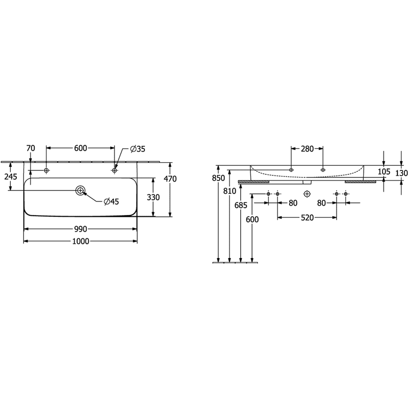VILLEROY & BOCH - WT Finion 1000x470mm re-eckig 2HL. o. ÜL. geschliffen Stone White cplus