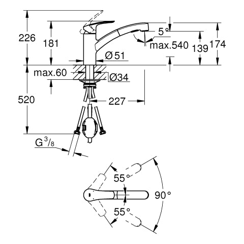 Grohe - EH-SPT-Batterie EUROSMART 30305_1 fl. Ausl. azb. Dual-Spülbr. supersteel