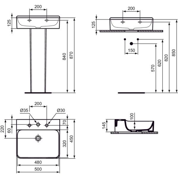 Ideal Standard - Waschtisch CONCA, 3 Hl., o.Ül., 500x450x145mm, Weiß mit IdealPlus